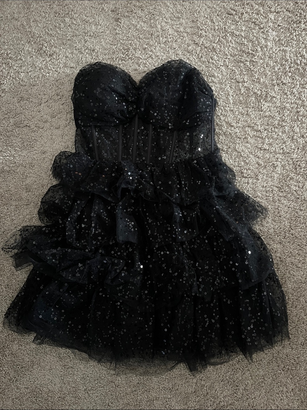 Illustrious Glow Black Sheer Tulle Sequin Tiered Mini Dress